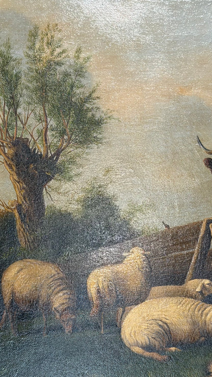 Antique Signed Dutch Oil Painting of Cows and Sheep in Meadow