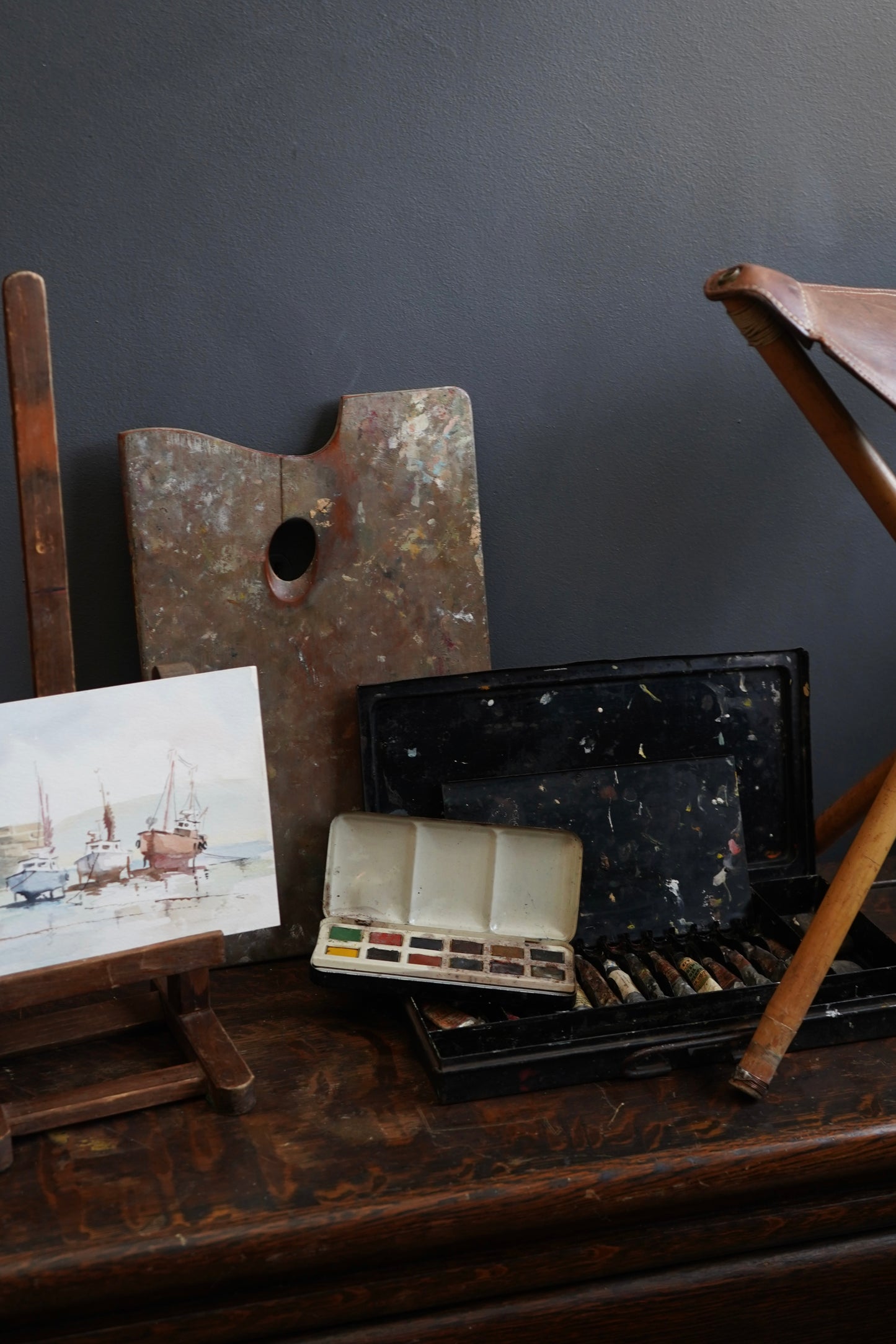 Vintage British Artist Paint Kit with Folding Stool, Easel, Palette and Paint Box