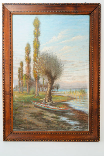 Antique Framed Oil Landscape Painting Lakeside Rowboat