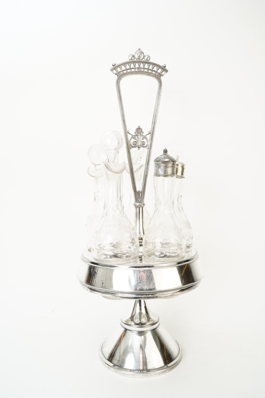 Antique English Cruet Set With Etched Glass Bottles