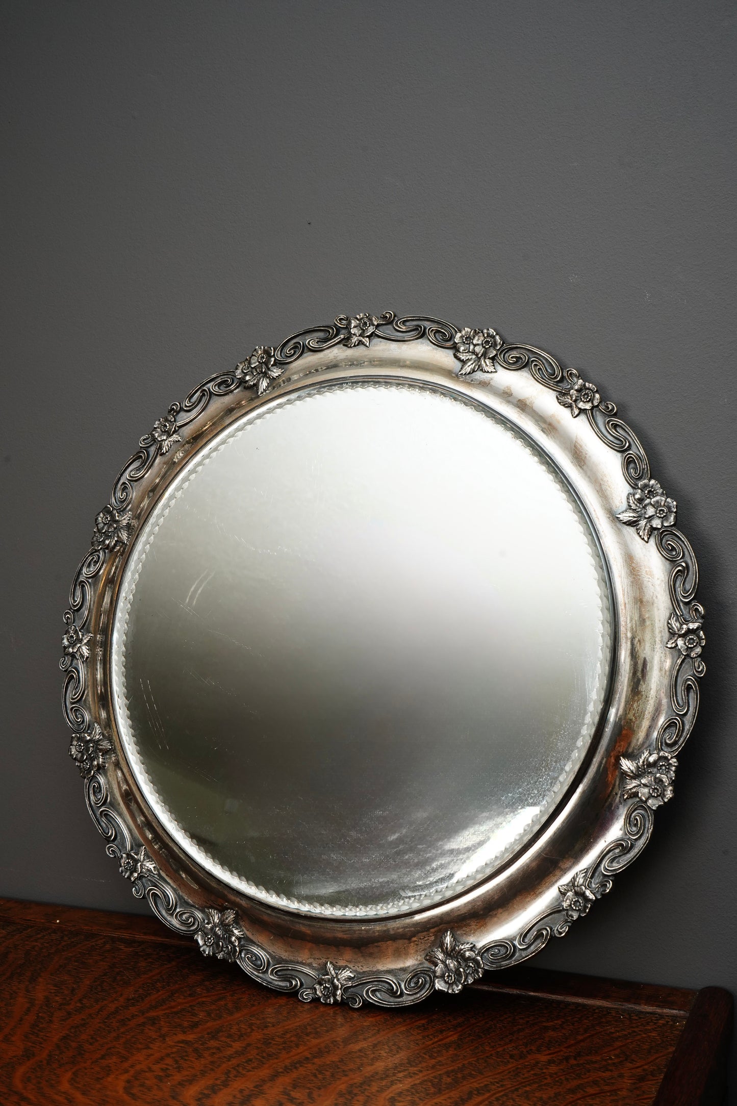 Antique Silver Plate Mirrored Plateau Vanity Tray