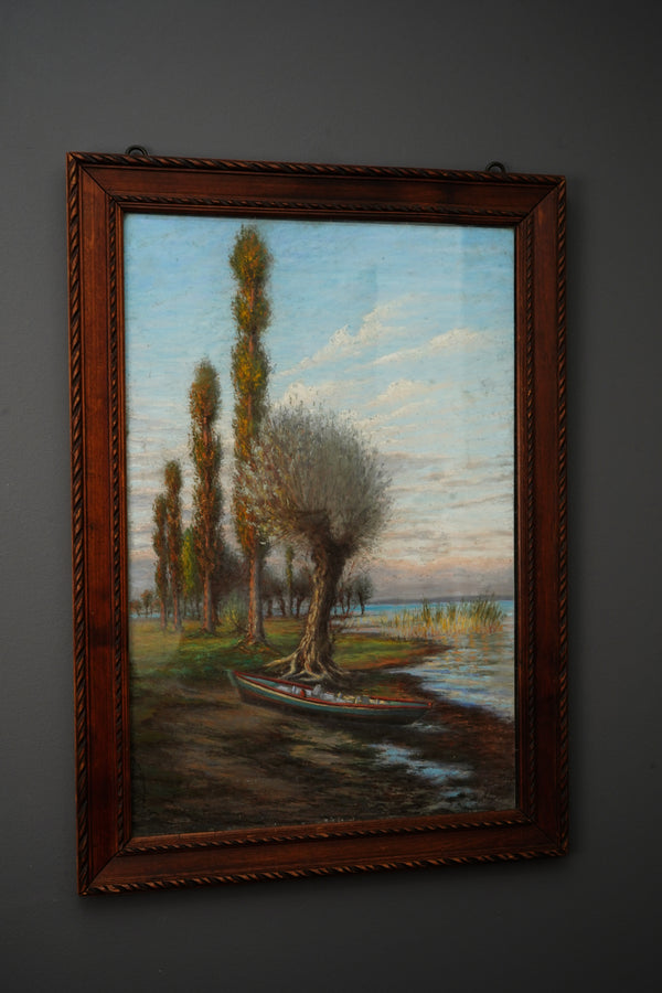 Antique Framed Oil Landscape Painting Lakeside Rowboat secondary view