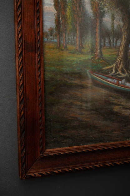 Antique Framed Oil Landscape Painting Lakeside Rowboat