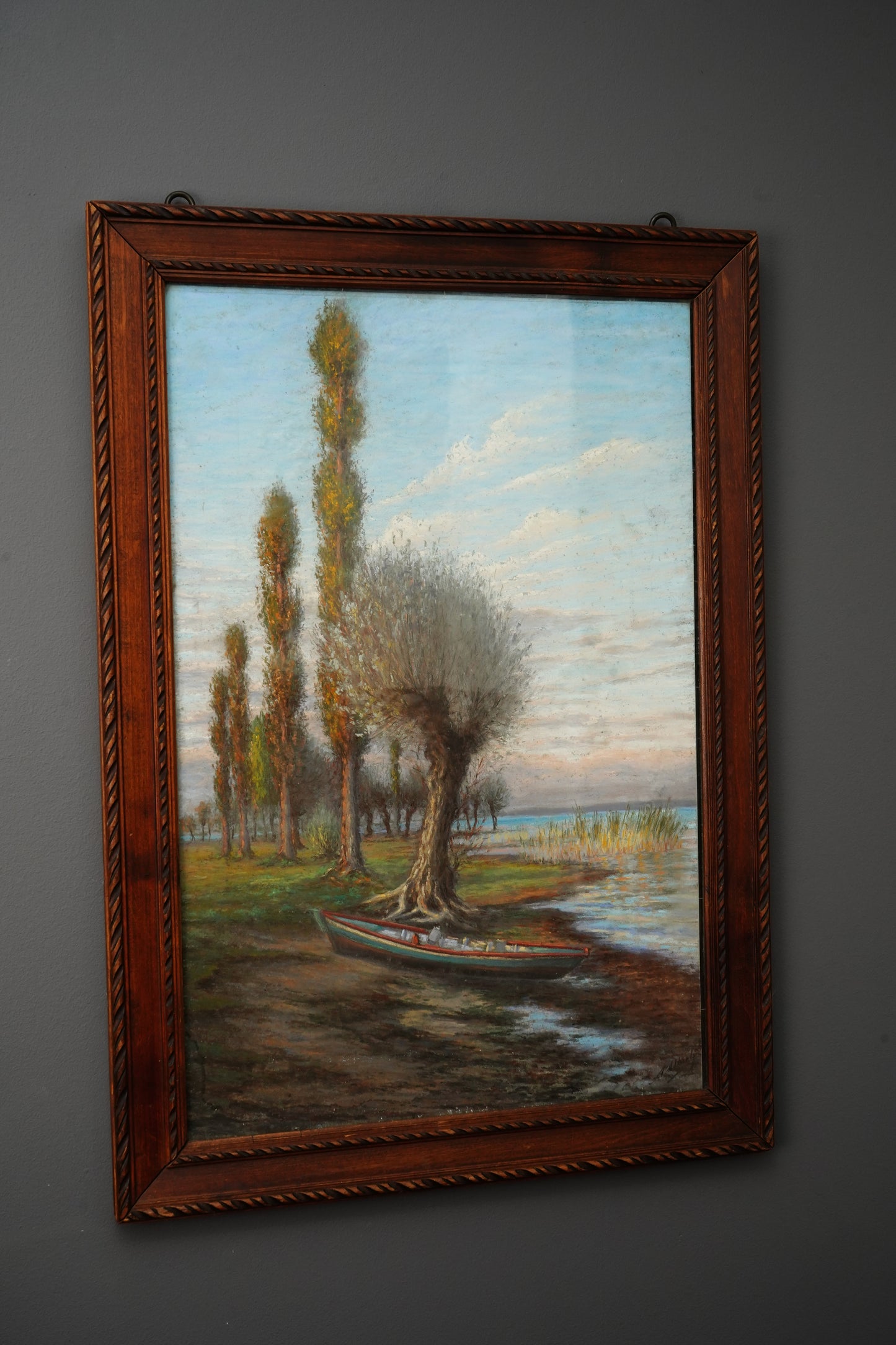 Antique Framed Oil Landscape Painting Lakeside Rowboat