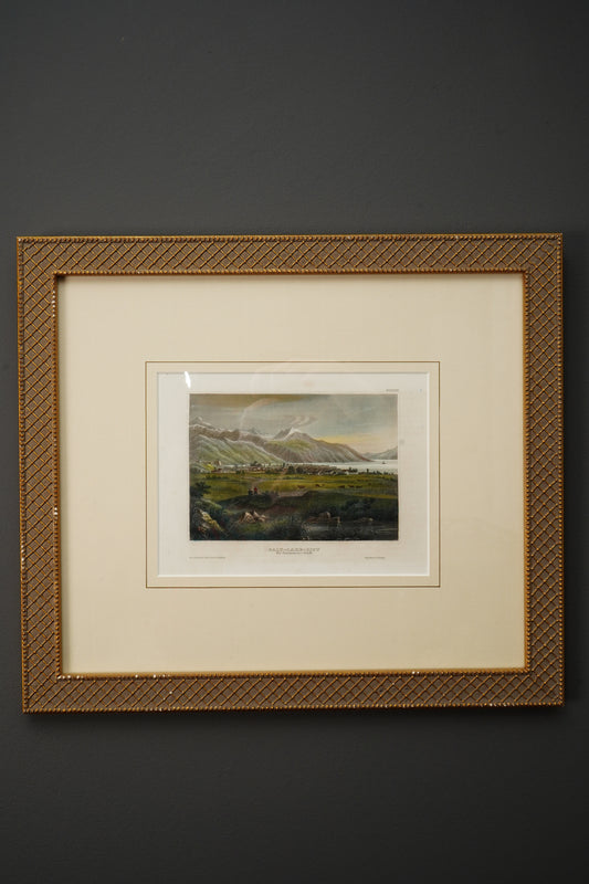 Antique 1850s Hand Colored Steel Engraving of Salt Lake City Utah, “Die Mormonen-Stadt”