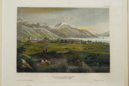 Antique 1850s Hand Colored Steel Engraving of Salt Lake City Utah, “Die Mormonen-Stadt”