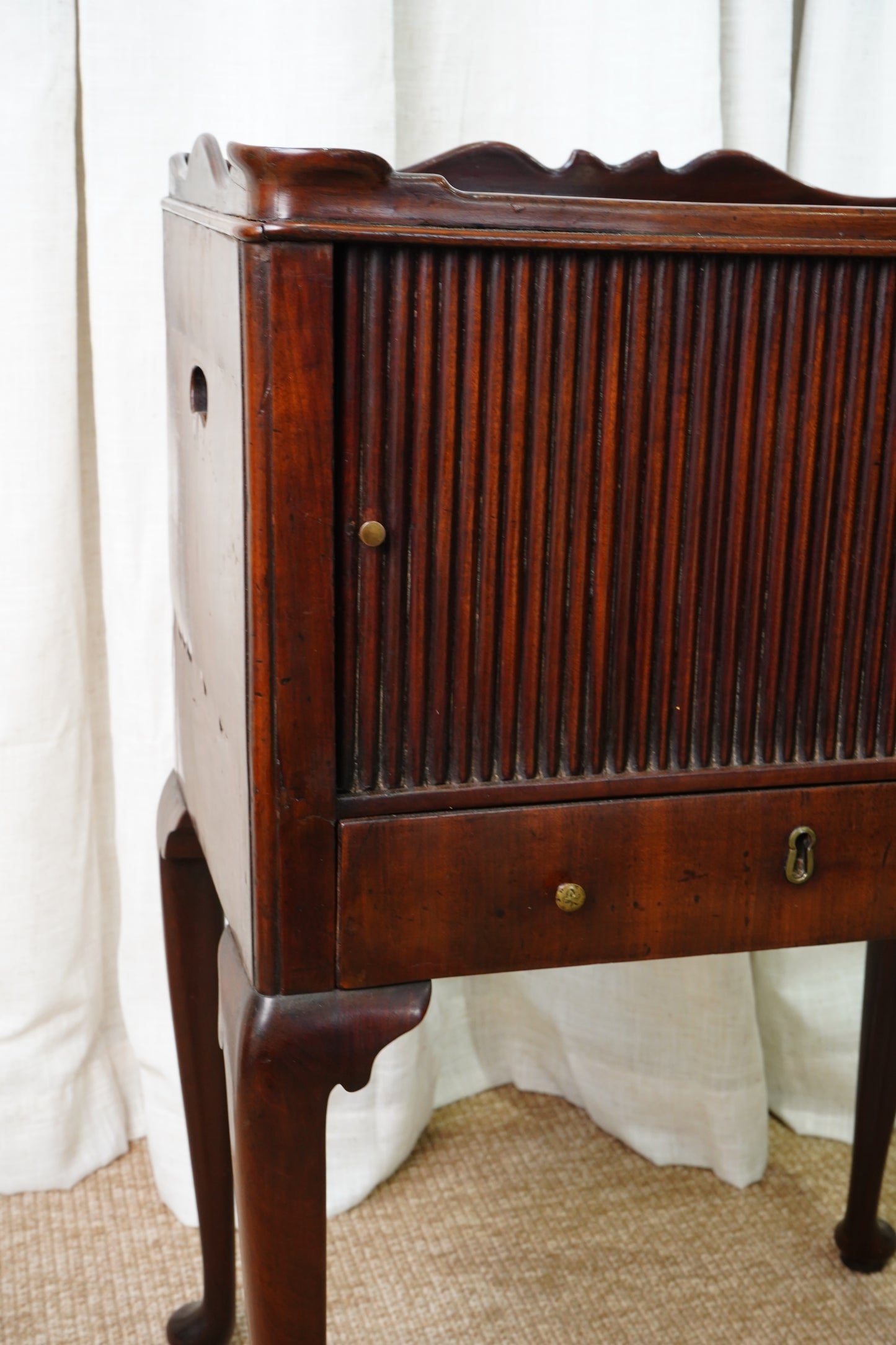 Antique Edwardian Mahogany Tray-Top Tambour Bedside Cabinet