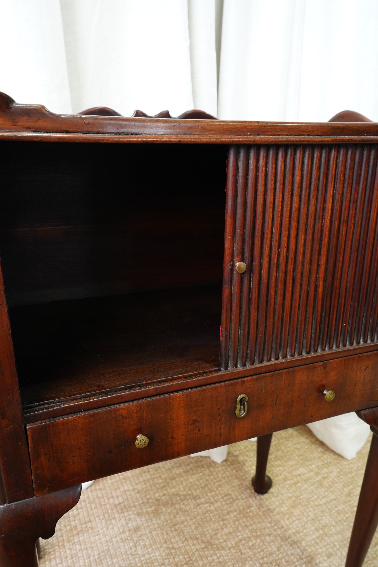 Antique Edwardian Mahogany Tray-Top Tambour Bedside Cabinet
