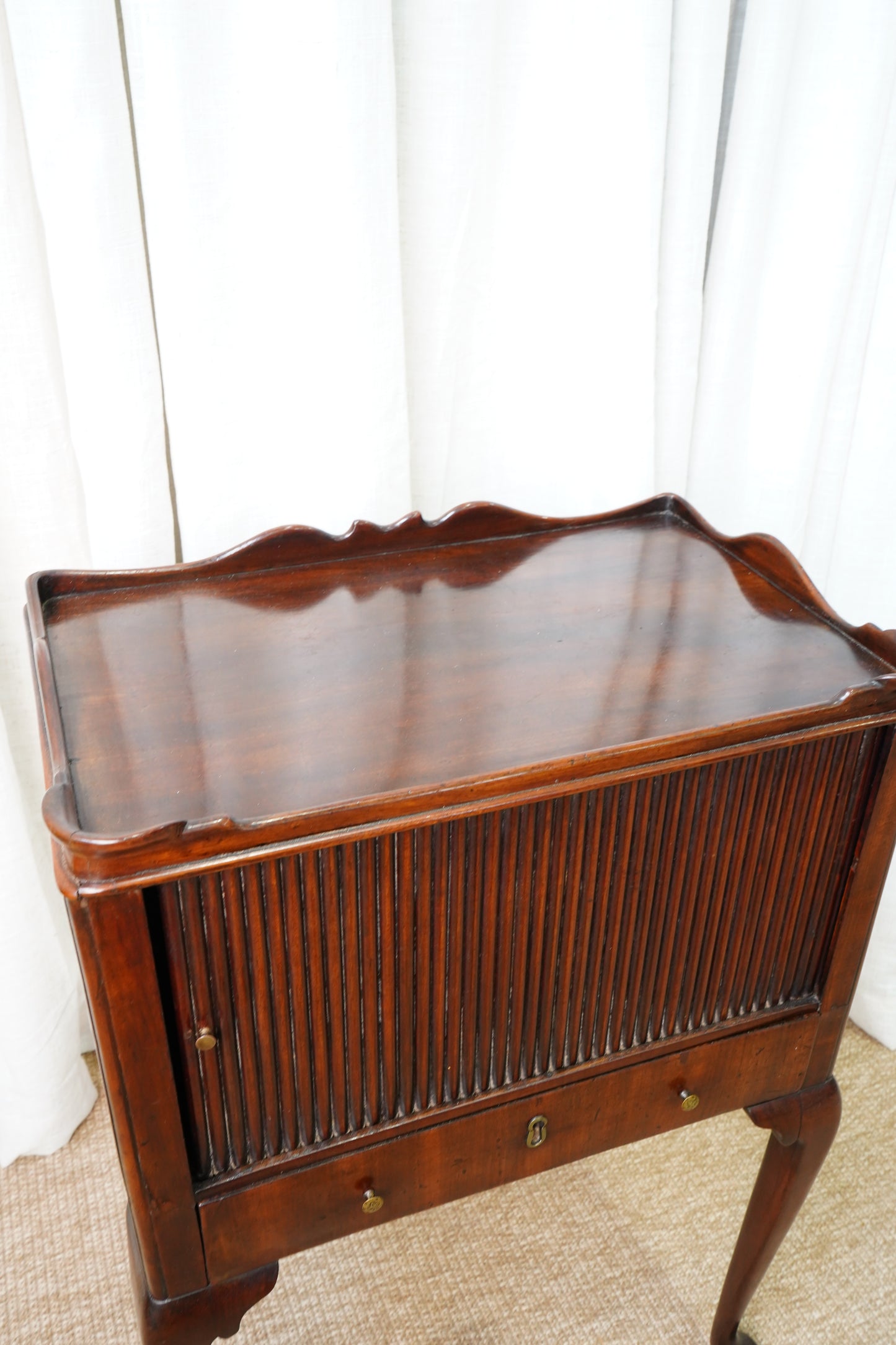 Antique Edwardian Mahogany Tray-Top Tambour Bedside Cabinet