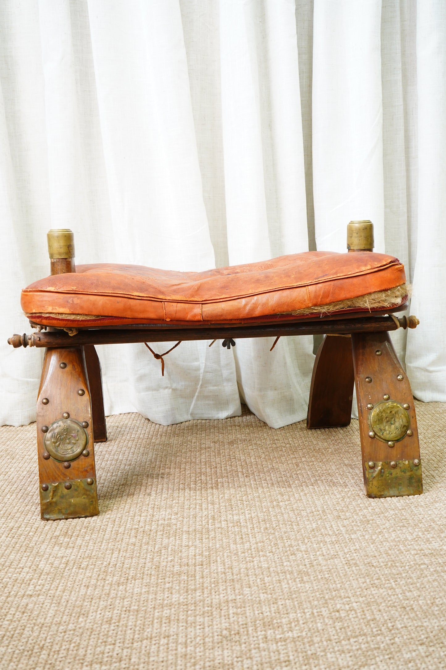 Vintage Middle Eastern Camel Saddle Stool with Embossed Leather Cushion & Brass Accents (c. 1950s)