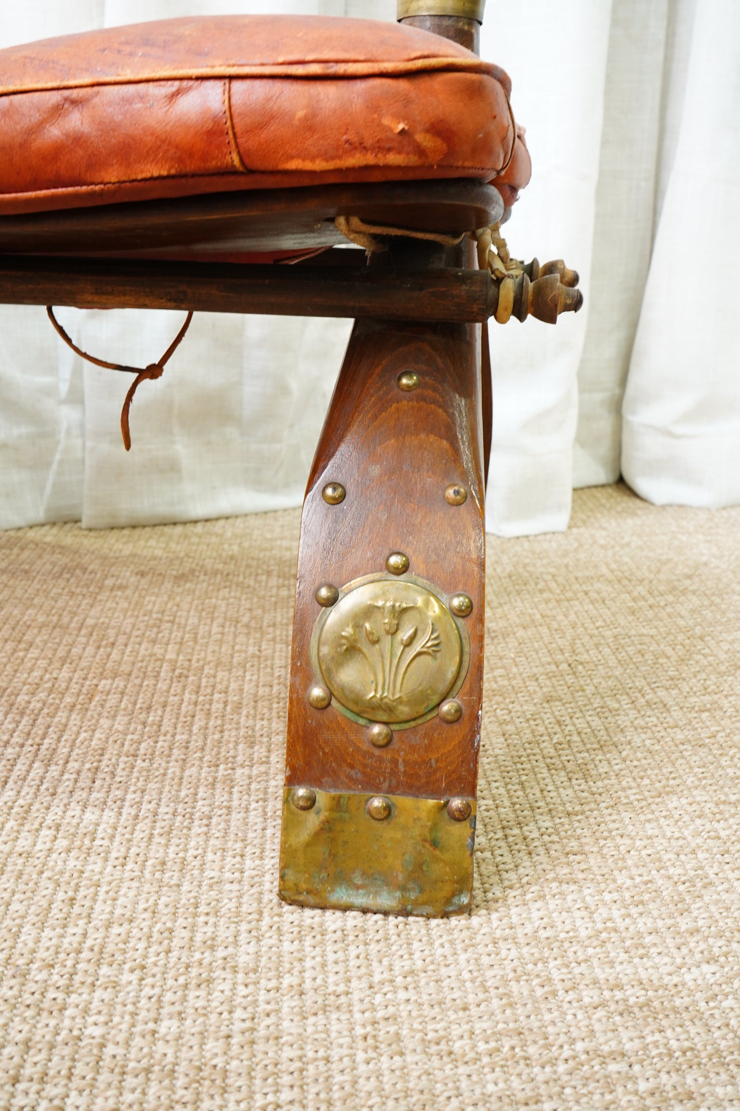 Vintage Middle Eastern Camel Saddle Stool with Embossed Leather Cushion & Brass Accents (c. 1950s)