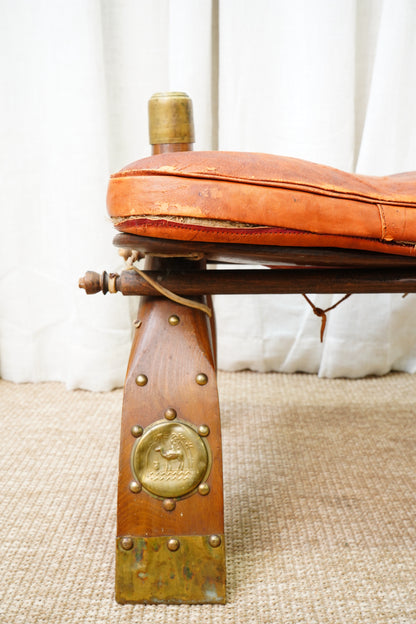 Vintage Middle Eastern Camel Saddle Stool with Embossed Leather Cushion & Brass Accents (c. 1950s)