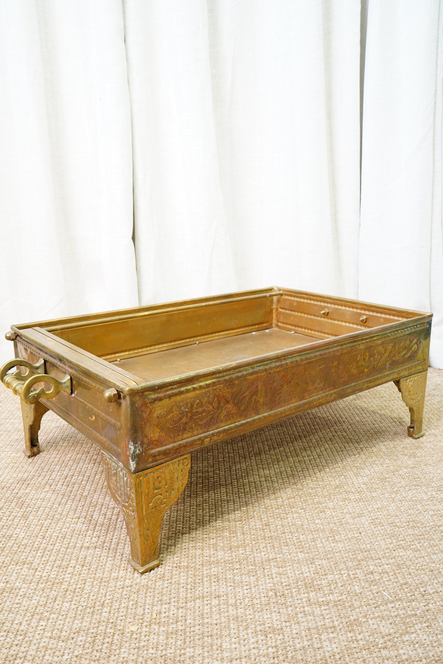 Antique Brass Brazier with Engraved Calligraphy, Ca. 1900