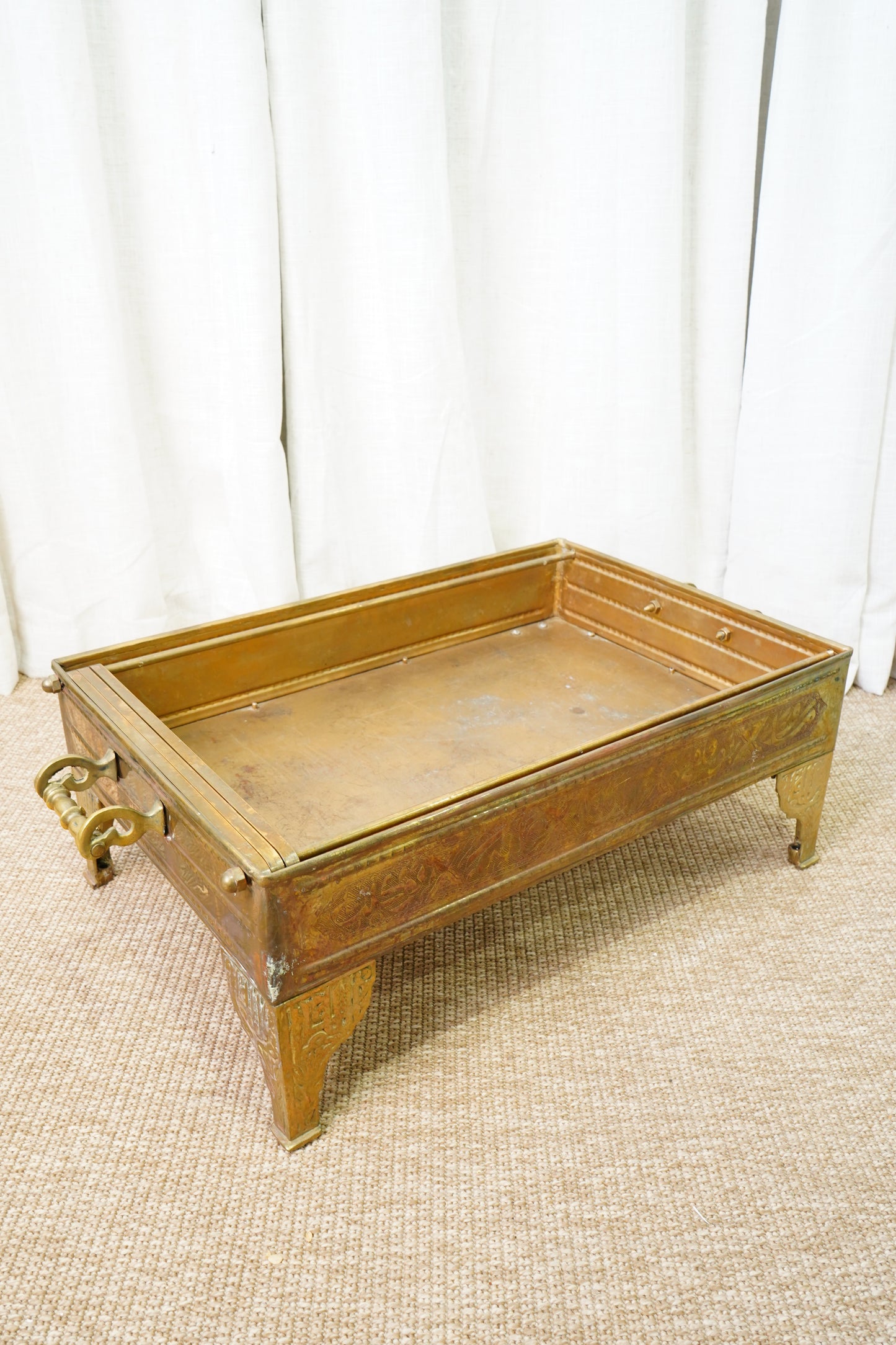 Antique Brass Brazier with Engraved Calligraphy, Ca. 1900