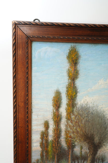Antique Framed Oil Landscape Painting Lakeside Rowboat