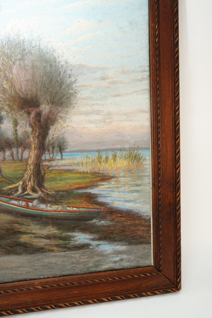 Antique Framed Oil Landscape Painting Lakeside Rowboat