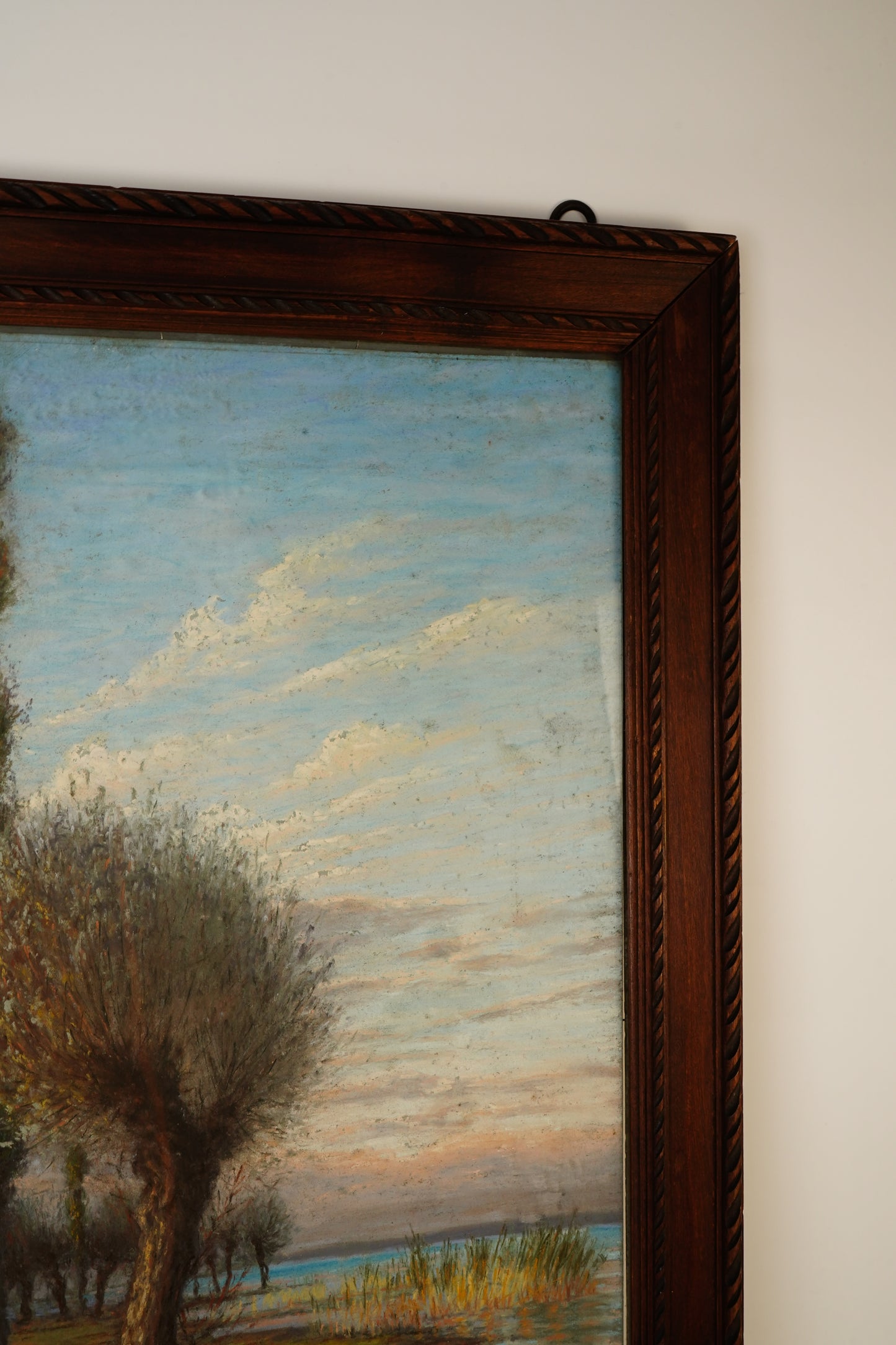 Antique Framed Oil Landscape Painting Lakeside Rowboat