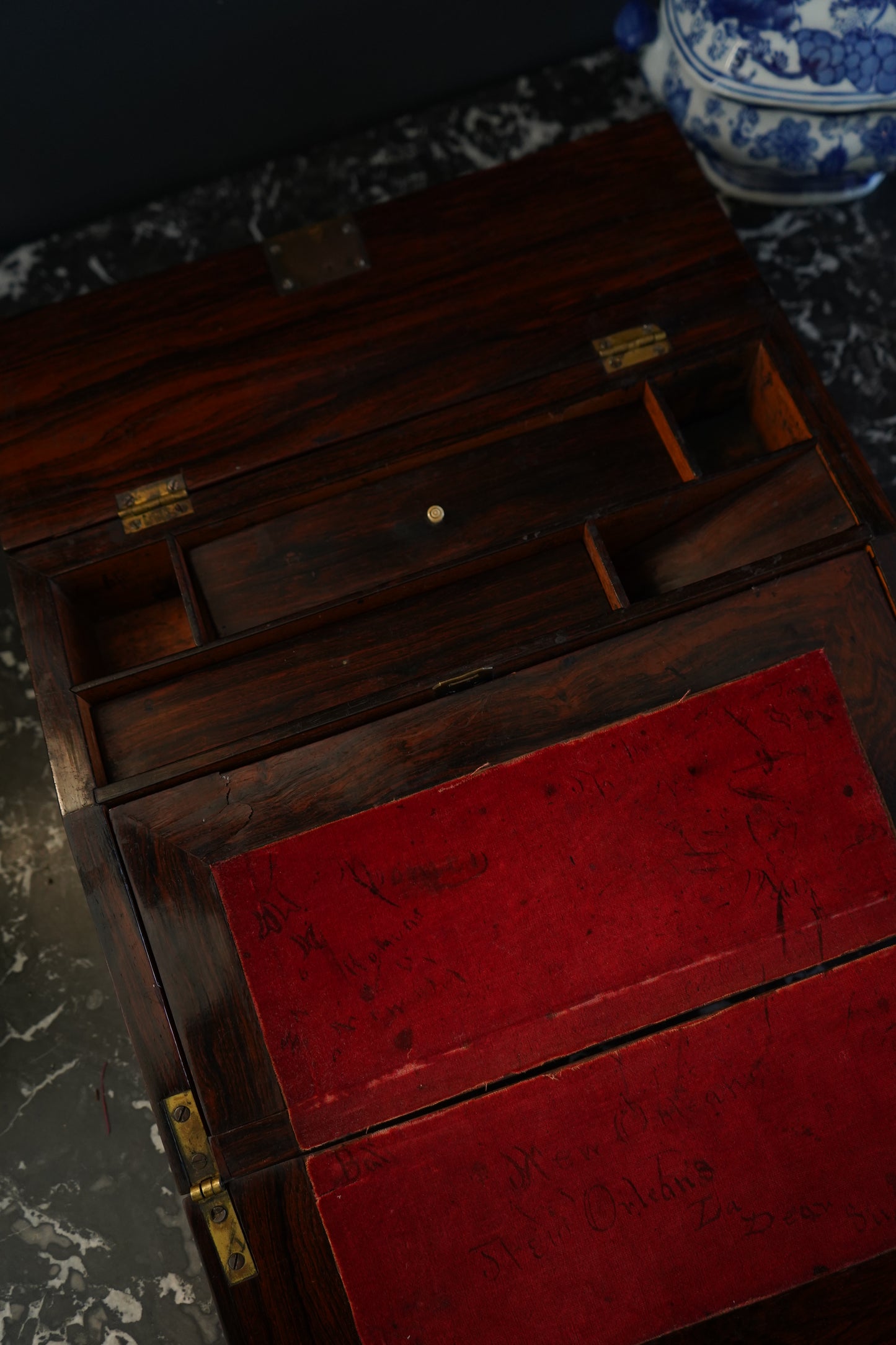 Antique Rosewood Writing Slope with Velvet Writing Surface and Inscriptions, Mid-19th Century
