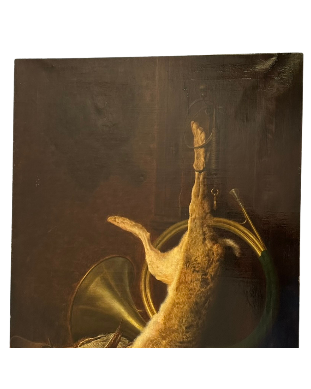 19th Century Game Hunt Rabbit Oil Painting, Large Unframed European Hunt Old Masters Oil Painting