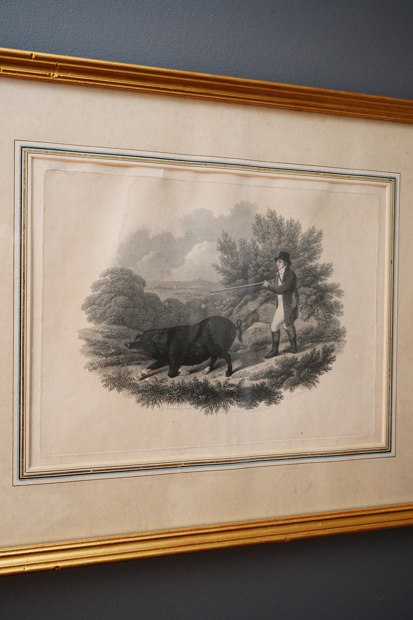 19th-Century Hand-Colored Engraving: Boar Hunting Scene, Circa 1870