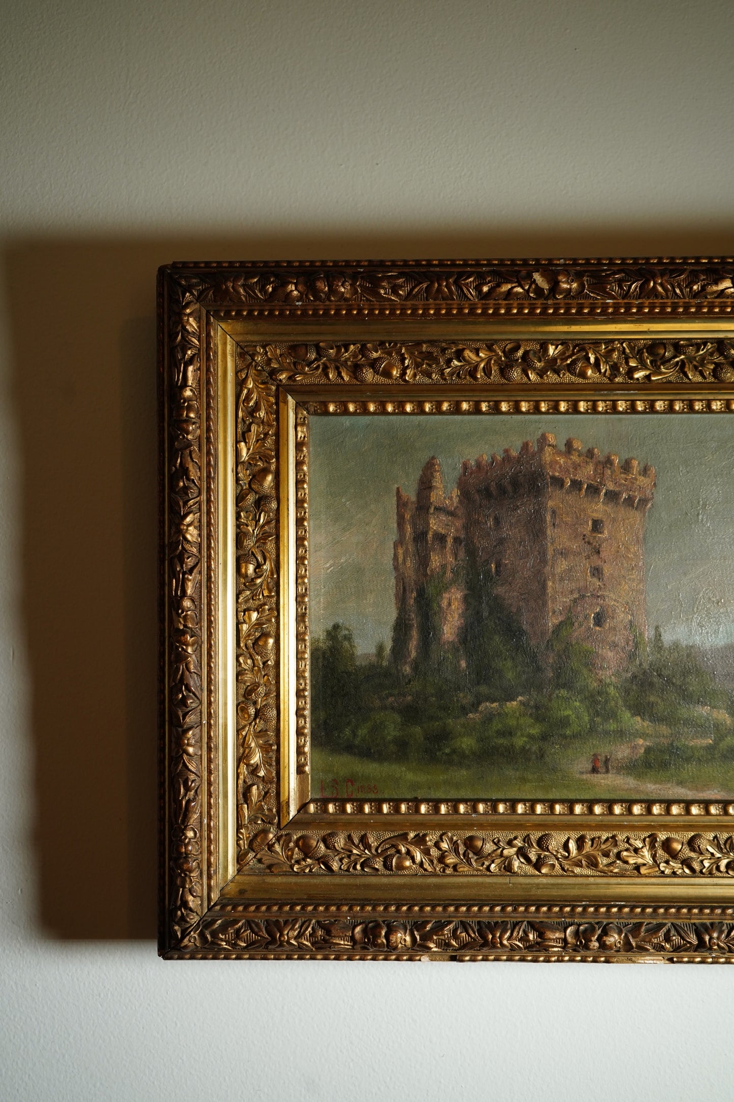 Victorian Irish Castle Ruin Oil Painting, Likely Blarney Castle, Signed L. S. C 1888, in Deep Gilt Frame