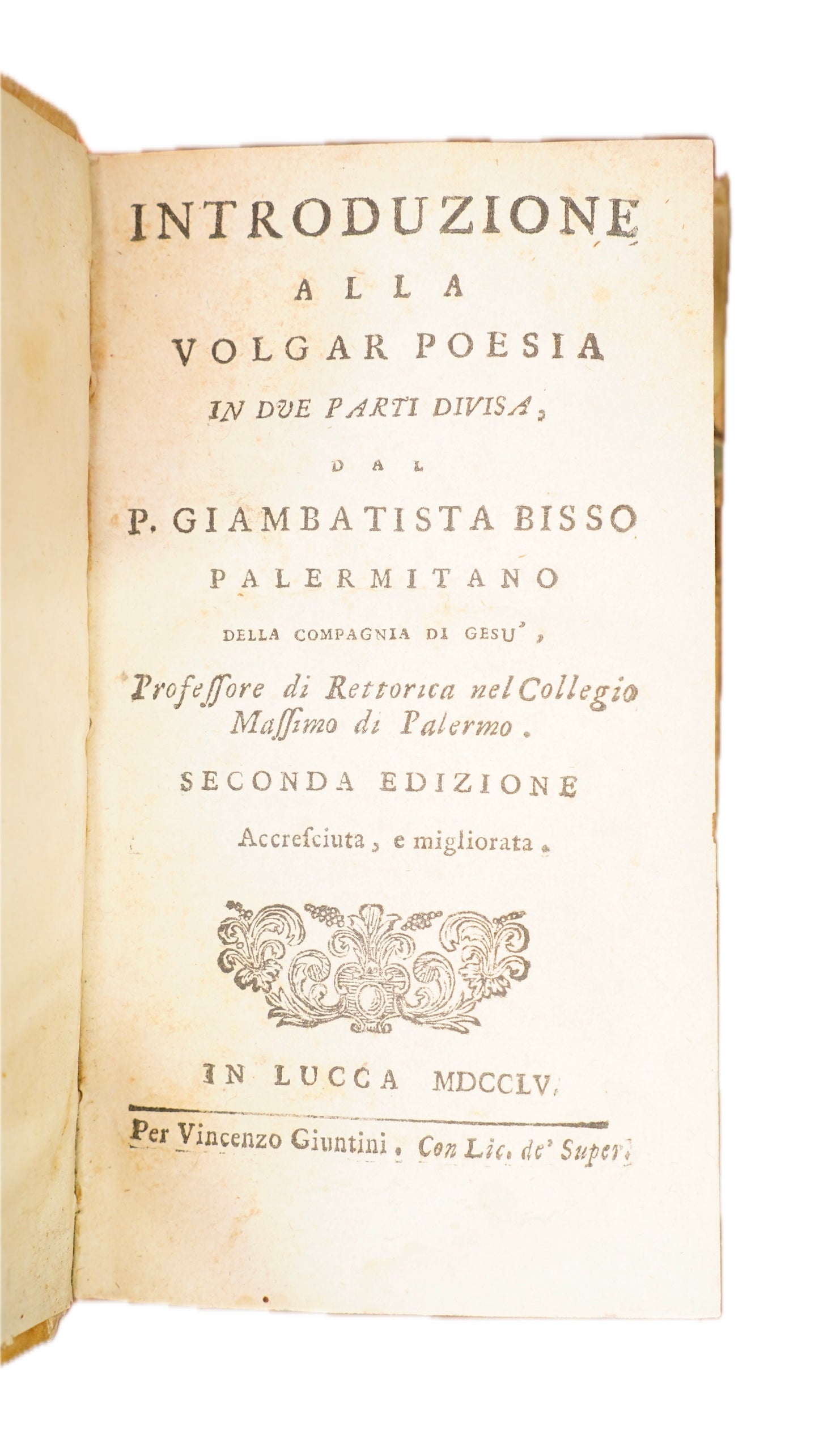 Antique Bisso Introduzione alla Volgar Poesia 1755 Italian