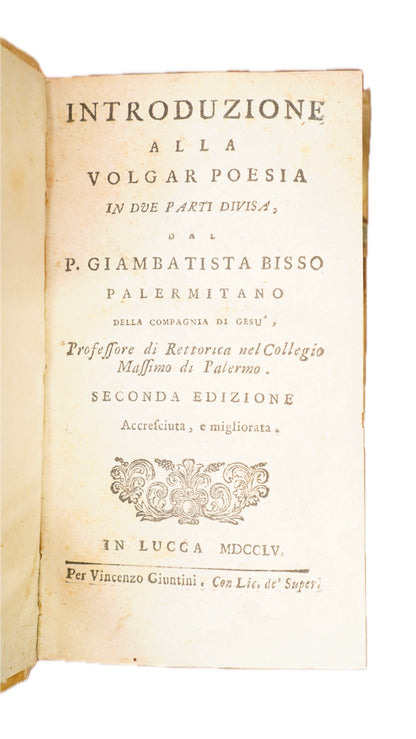 Antique Bisso Introduzione alla Volgar Poesia 1755 Italian