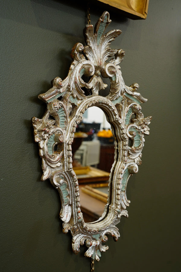 Antique Silver Gilt Wall Mirror, Italian Rococo, Teal Accents