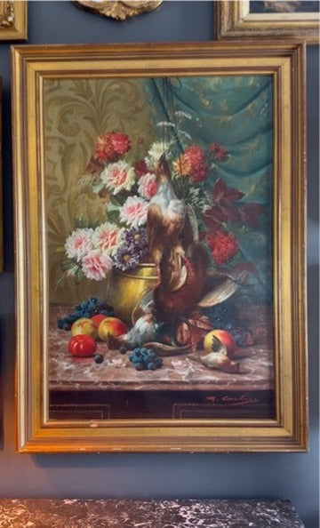 Signed Still-Life with Game Birds, Fruit, and Floral Urn Attributed to Max Albert Carlier (Belgian, 1872–1938)