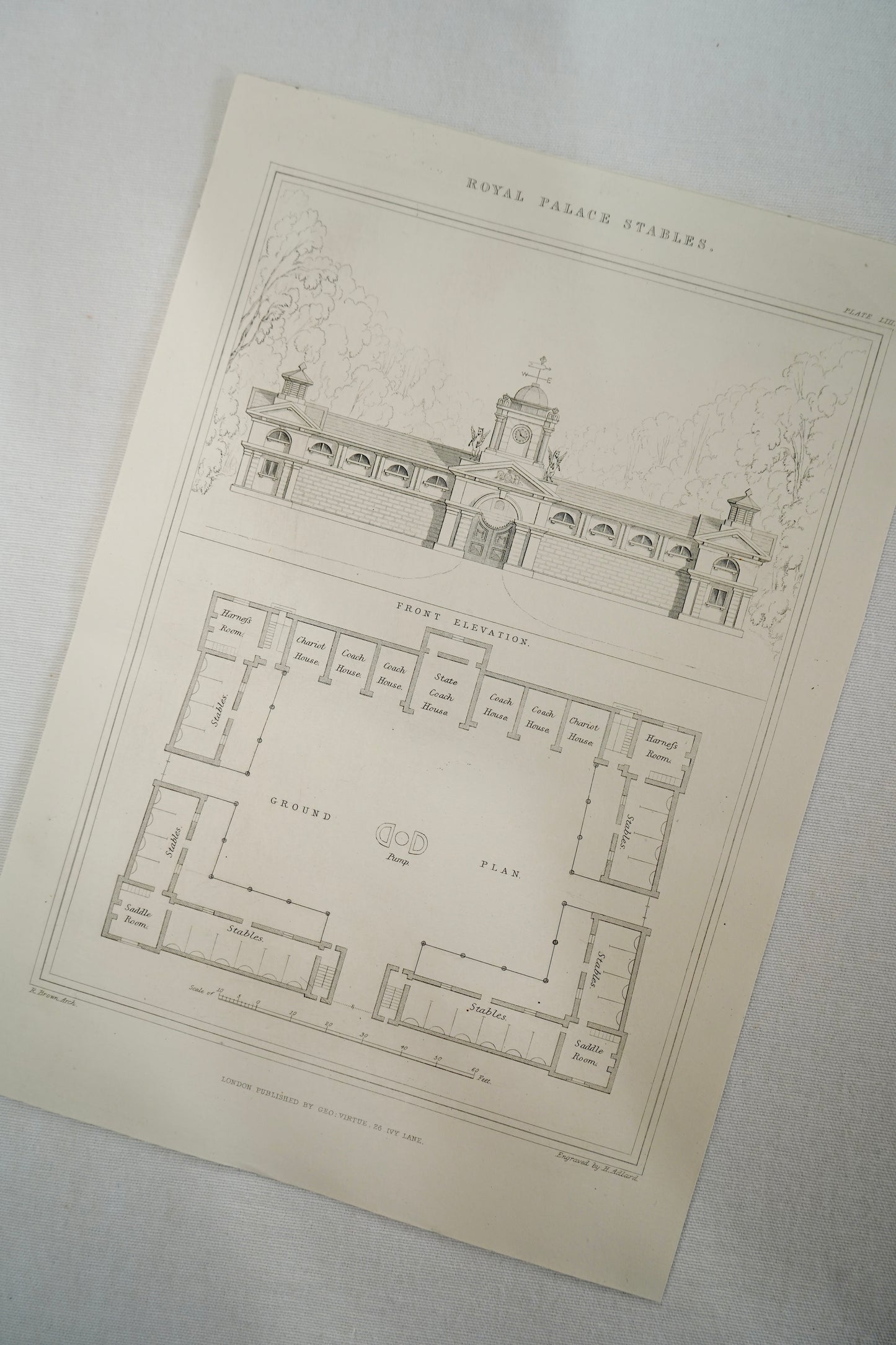 Antique Royal Palace Stables Architectural Engraving, Plate III, J. Le Keux, c. 1830–1860