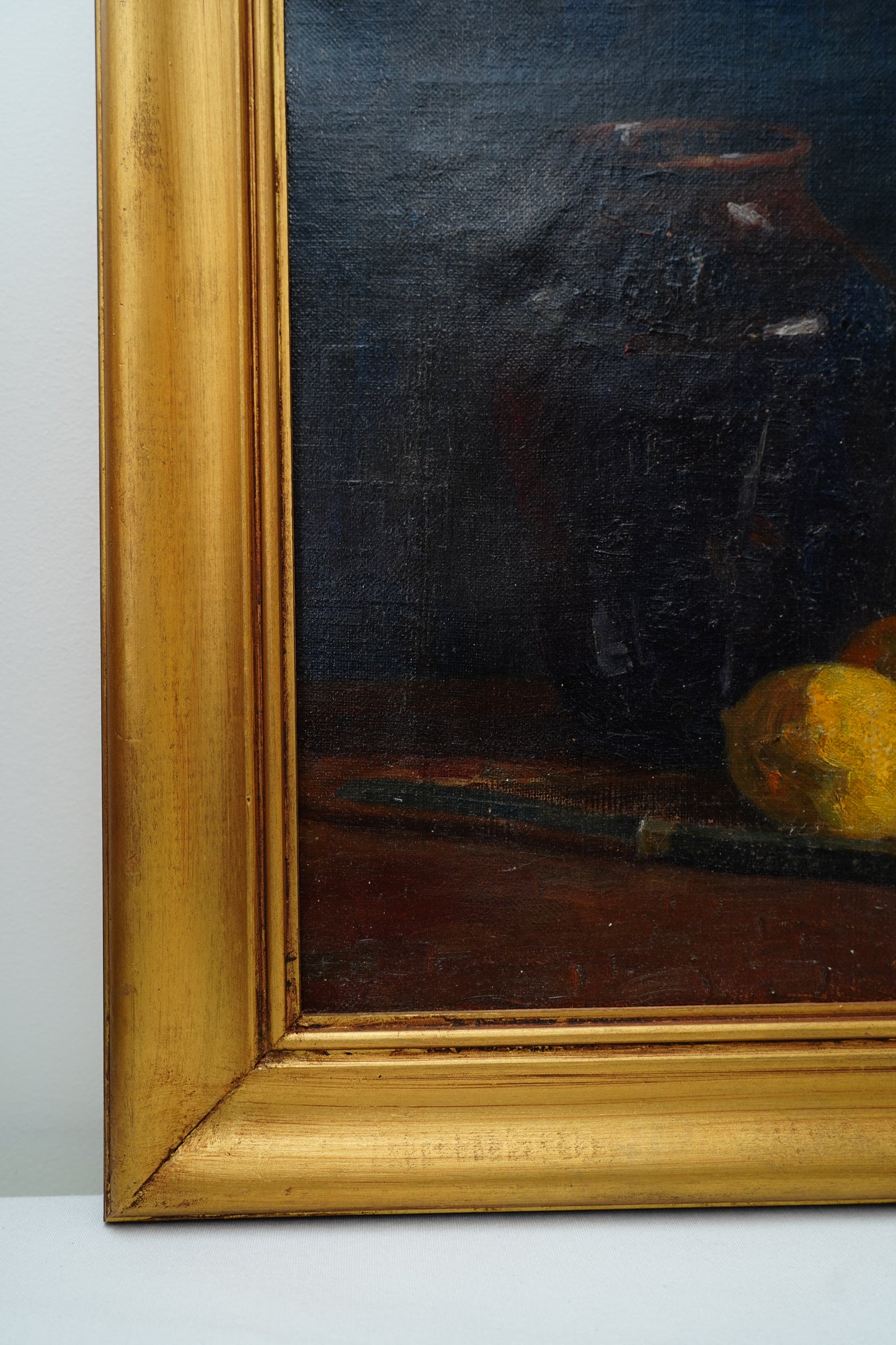 Antique 1905 Oil Painting Still Life with Fruit, Book & Earthenware Jar | Signed K.E.