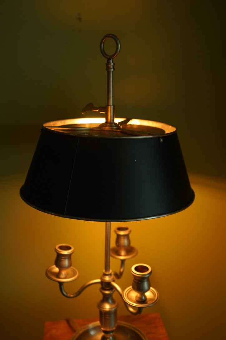 Bouillotte-Style Pewter Lamp with Adjustable Metal Shade & Dual Light Settings