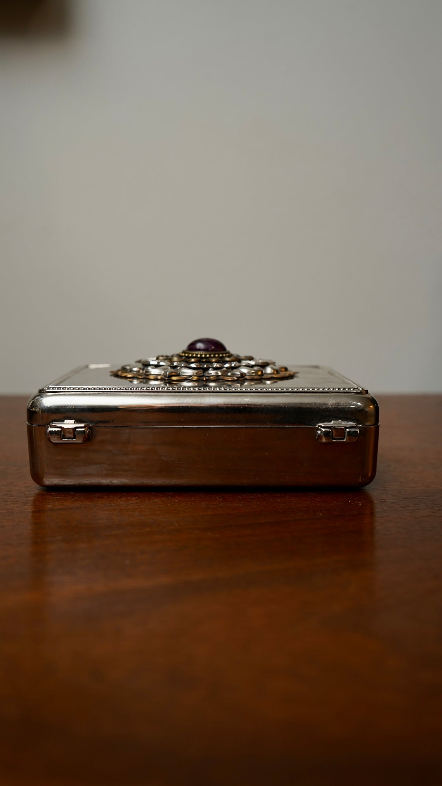 Vintage Silver-Plated Jewelry Box with Amethyst Glass Cabochon and Repoussé Medallion, Mid-20th Century