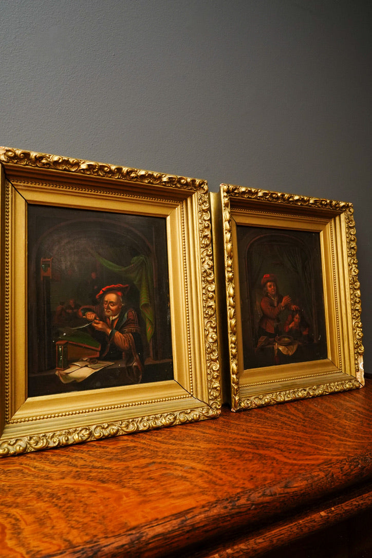 Antique Dutch Genre Oil on Metal Painting, “The Scholar” Pendant to “The Dentist”