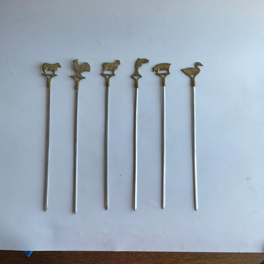 Mid-Century Brass Animal Meat Markers – Set of 6 Carving Skewers