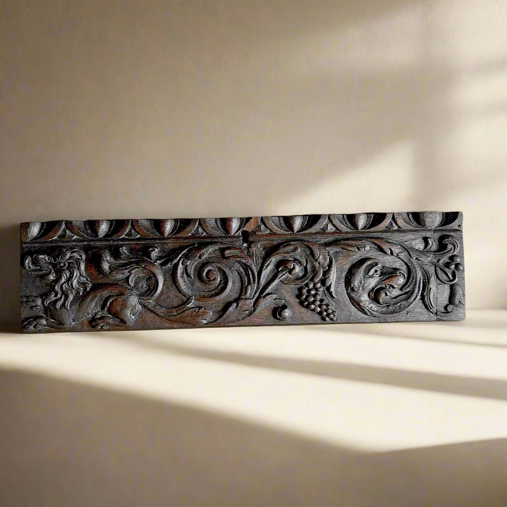 Antique Carved Oak Drawer Front | Renaissance Revival Lion, Grapevine & Acanthus | Architectural Salvage Wall Plaque c.1870–1900