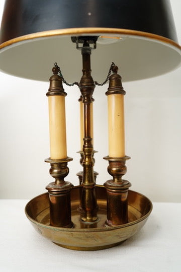 French Bouillotte-Style Three-Light Tole Shade Table Lamp, Black and Brass