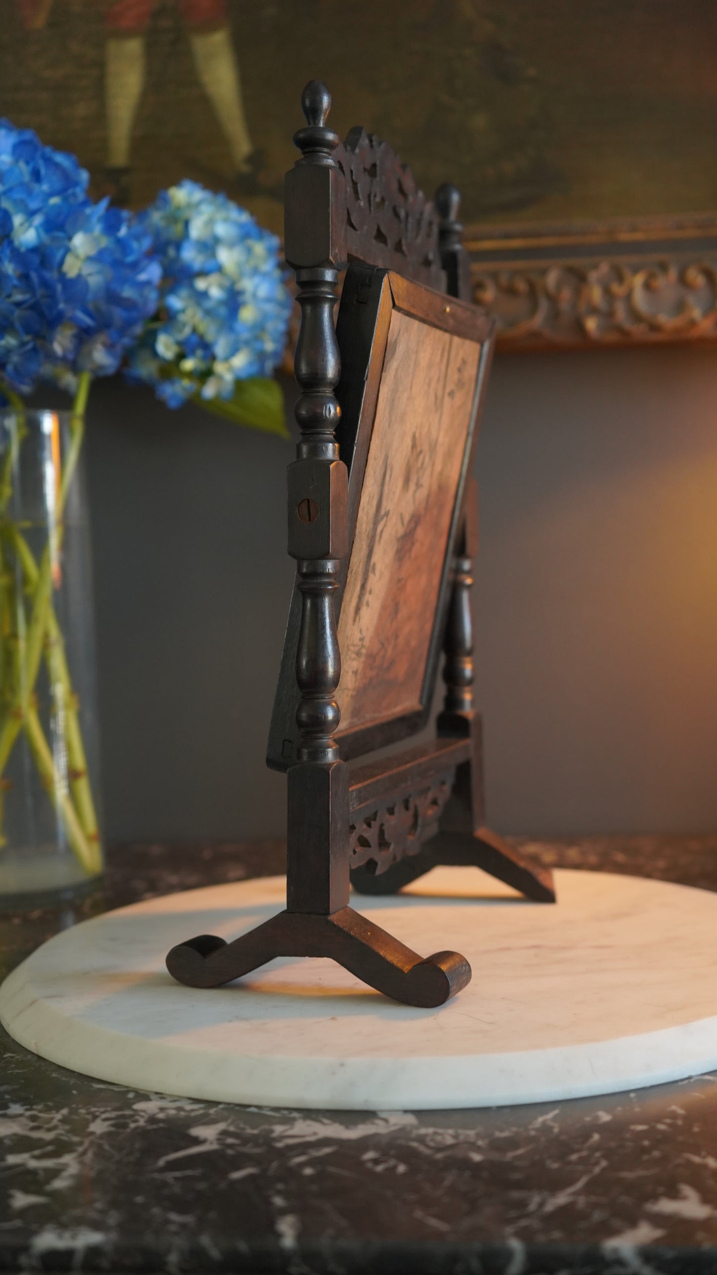 Antique Ebonized Wood & Mother-of-Pearl Vanity Tabletop Mirror