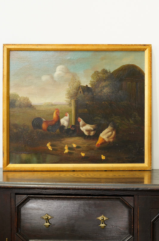 Signed Chicken Oil Painting Farmyard Rooster and Hens