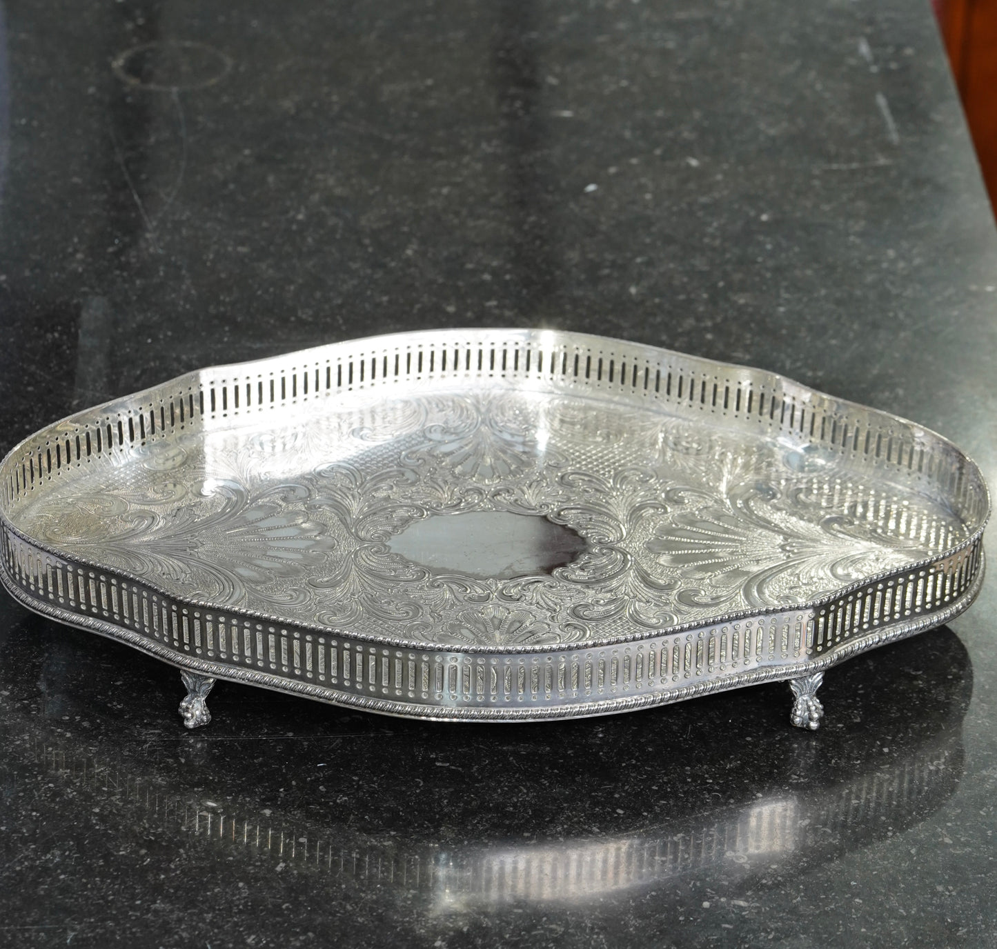 Sheffield Silverplate Gallery Tray, Engraved Rococo, Mid-20th Century