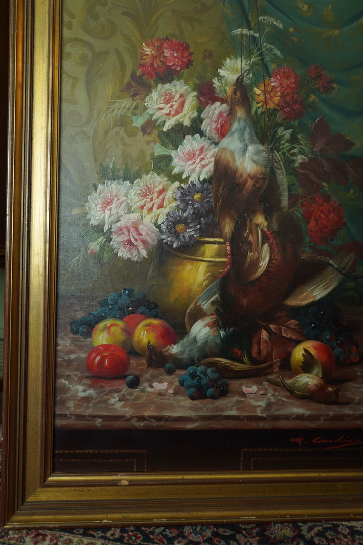 Signed Still-Life with Game Birds, Fruit, and Floral Urn Attributed to Max Albert Carlier (Belgian, 1872–1938)