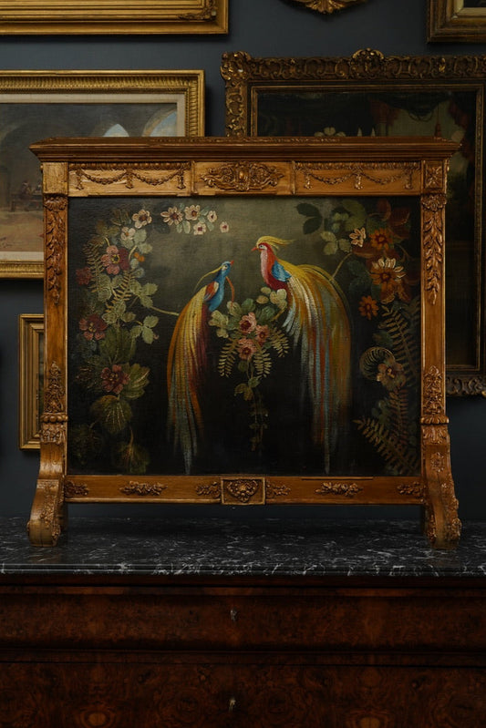 Antique Giltwood Fire Screen with Hand-Painted Birds & Floral Design | Late 19th–Early 20th Century