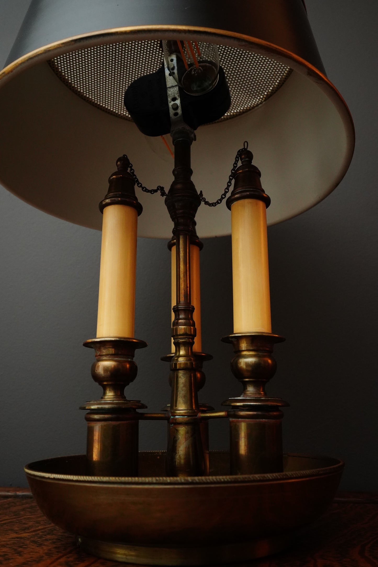 French Bouillotte-Style Three-Light Tole Shade Table Lamp, Black and Brass