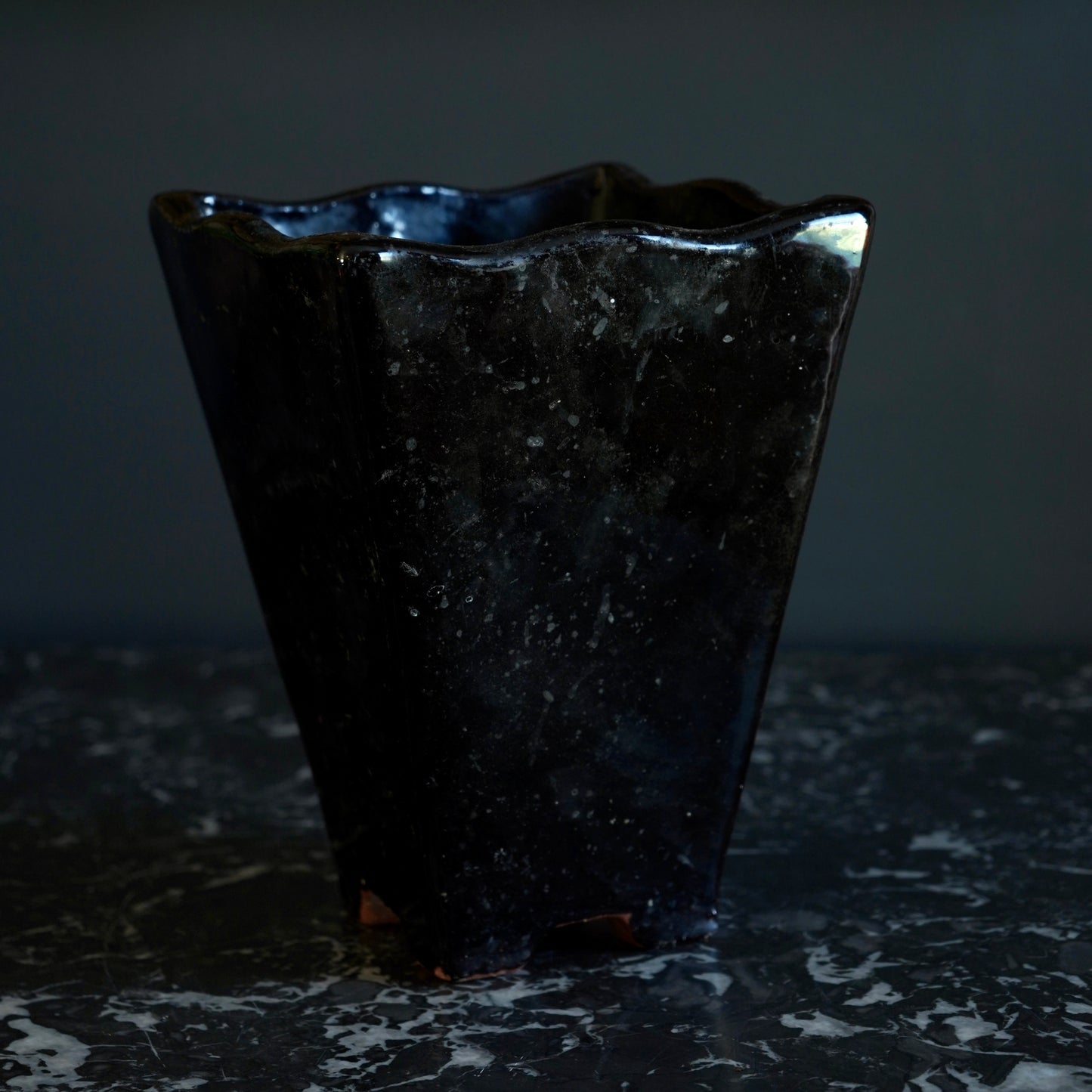 Mid-Century Japanese Black Tenmoku Glazed Terracotta Bonsai Pot | Wabi-Sabi Folk Craft Planter (8.75")