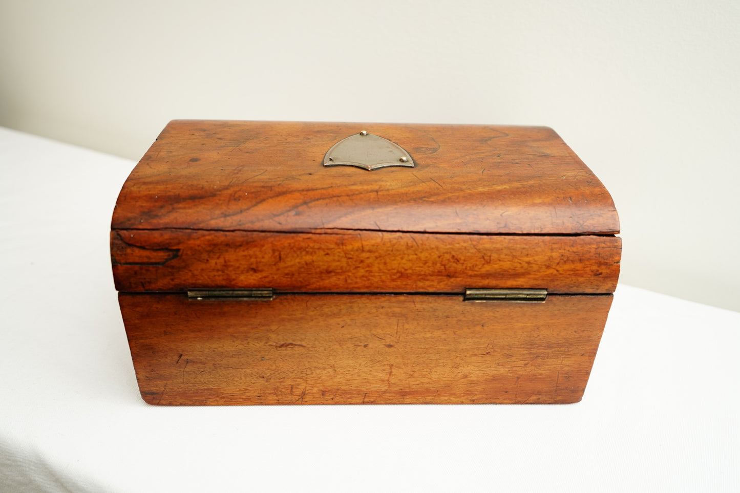 Antique English Dome-Top Walnut Veneer Jewelry or Stationery Box with Key, c. 1880–1910