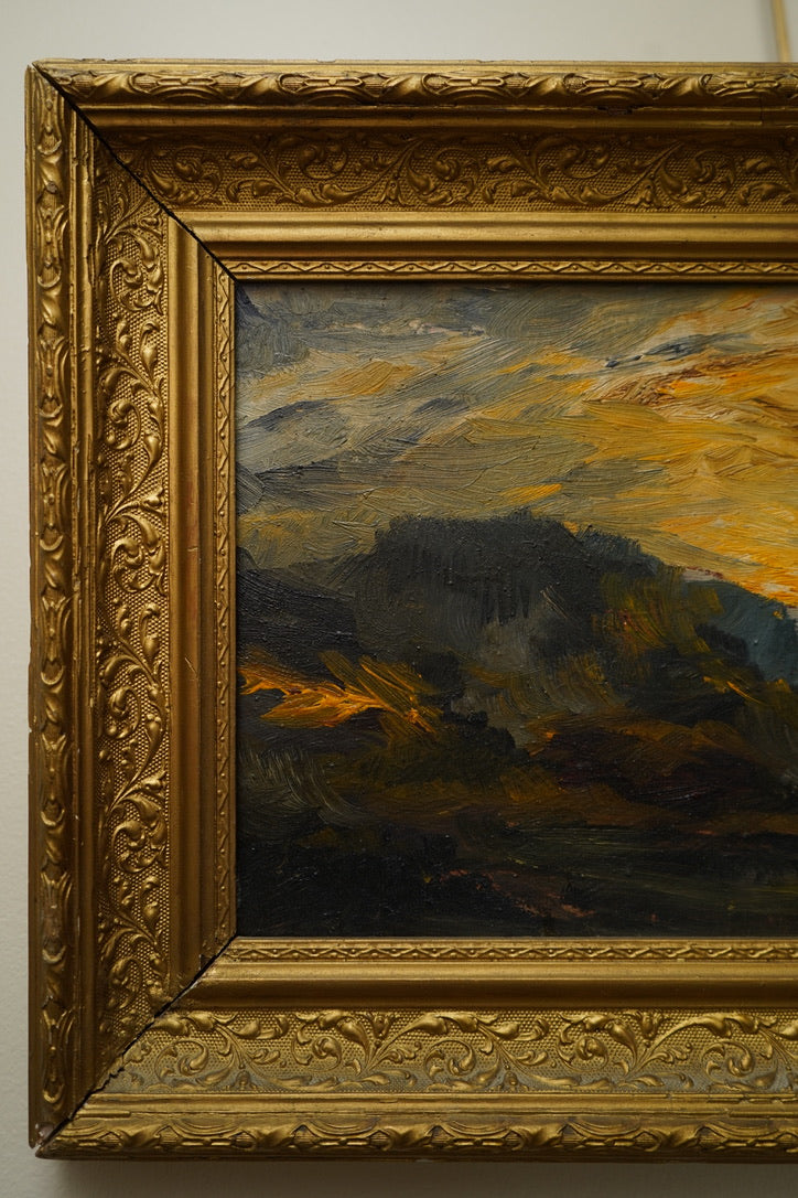 Early 20th Century Impressionist Oil Painting | Sunset Over River Valley in Gilt Frame