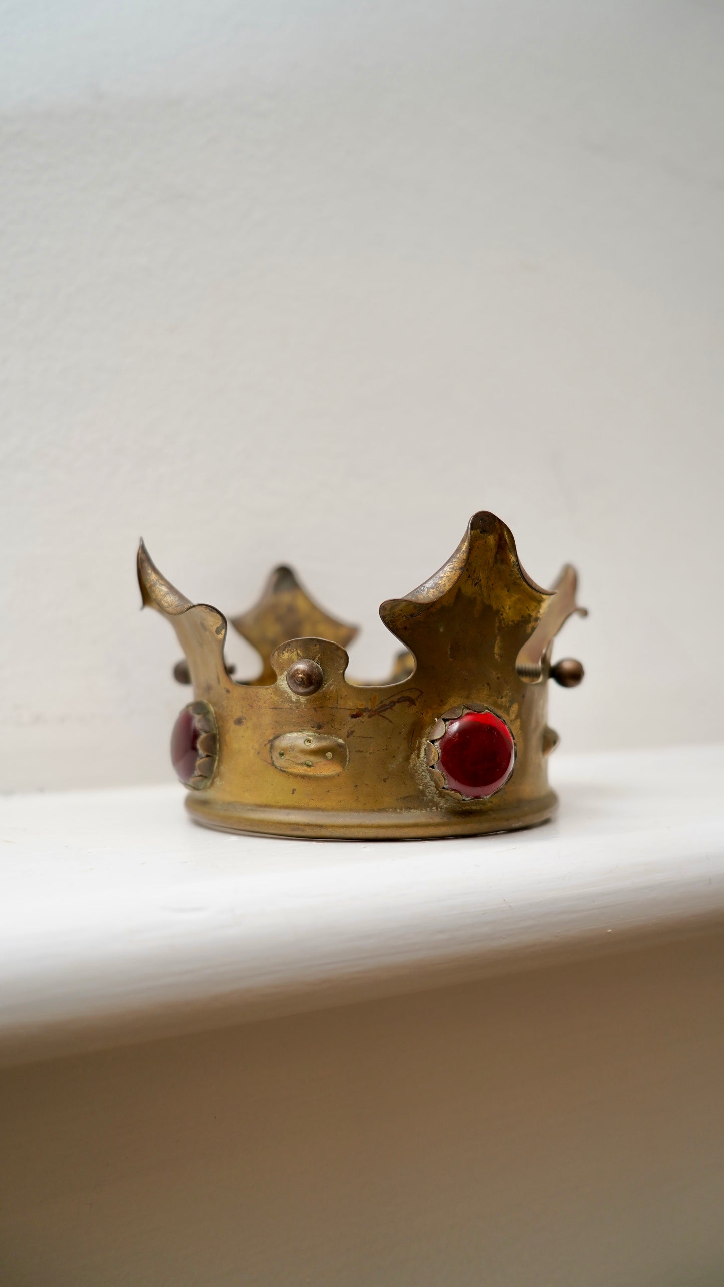 Antique Brass Crown Mount with Red Glass Jewels | Gothic Revival Altar Ornament c.1880–1920