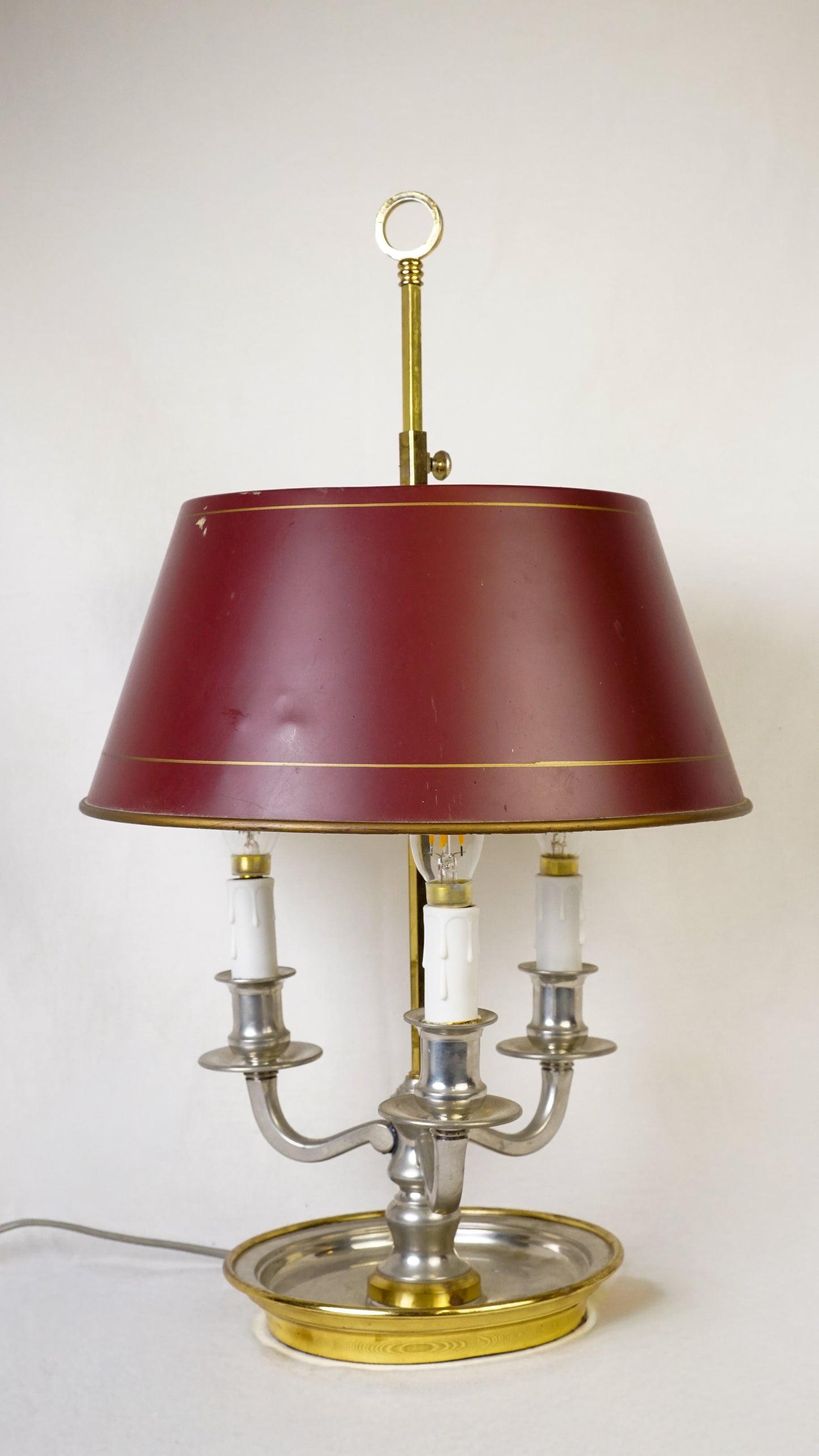 Vintage French Bouillotte Table Lamp with Adjustable Burgundy Tole Shade