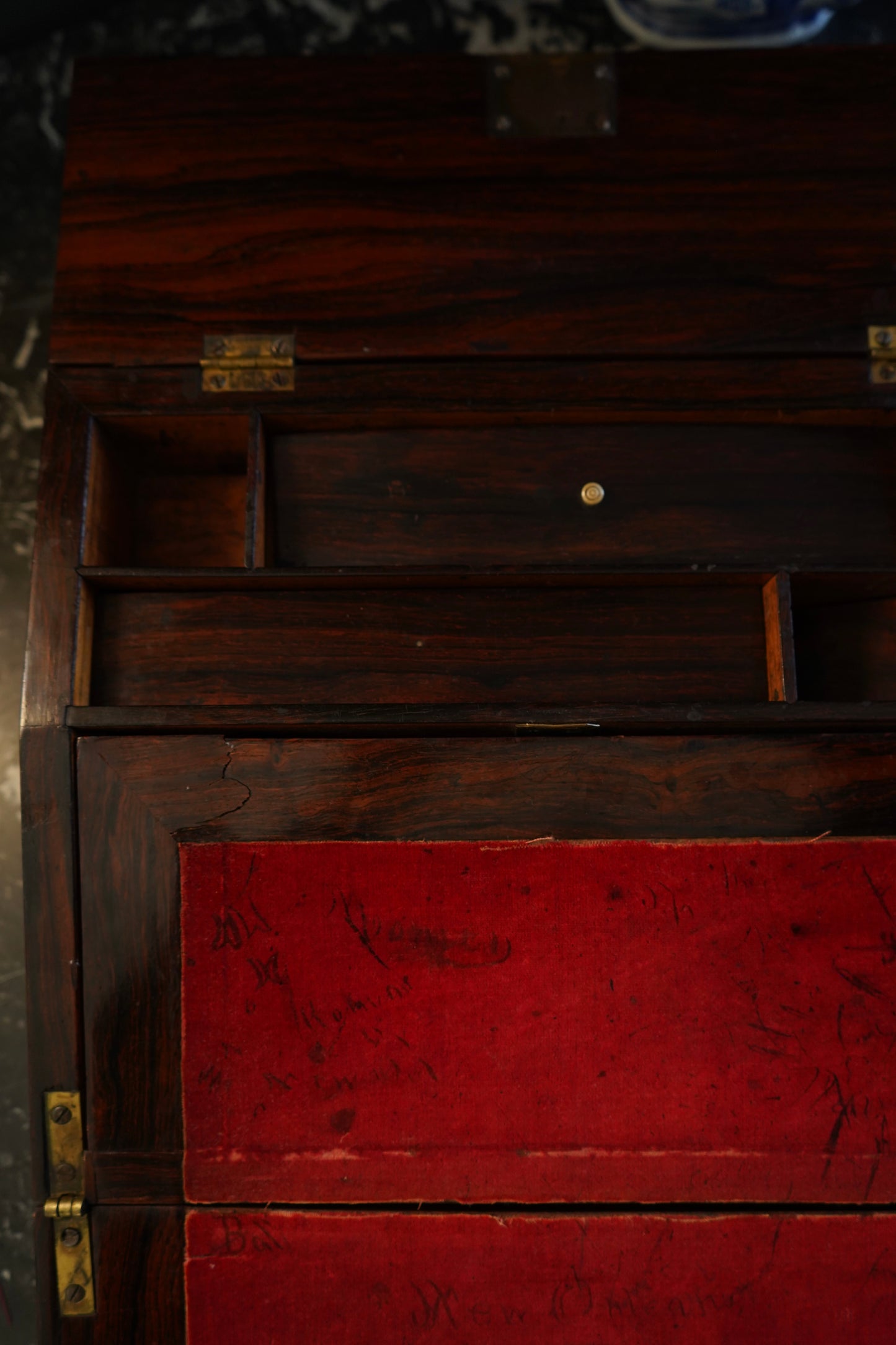 Antique Rosewood Writing Slope with Velvet Writing Surface and Inscriptions, Mid-19th Century