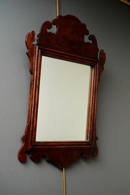 Antique-Style Chippendale Revival Wood Wall Mirror with Pierced Scroll Crest